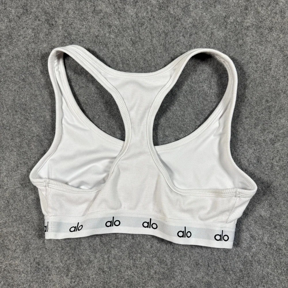 Alo Yoga Sports Bra Womens S White Wellness Henley Ribbed Racerback Logo Band